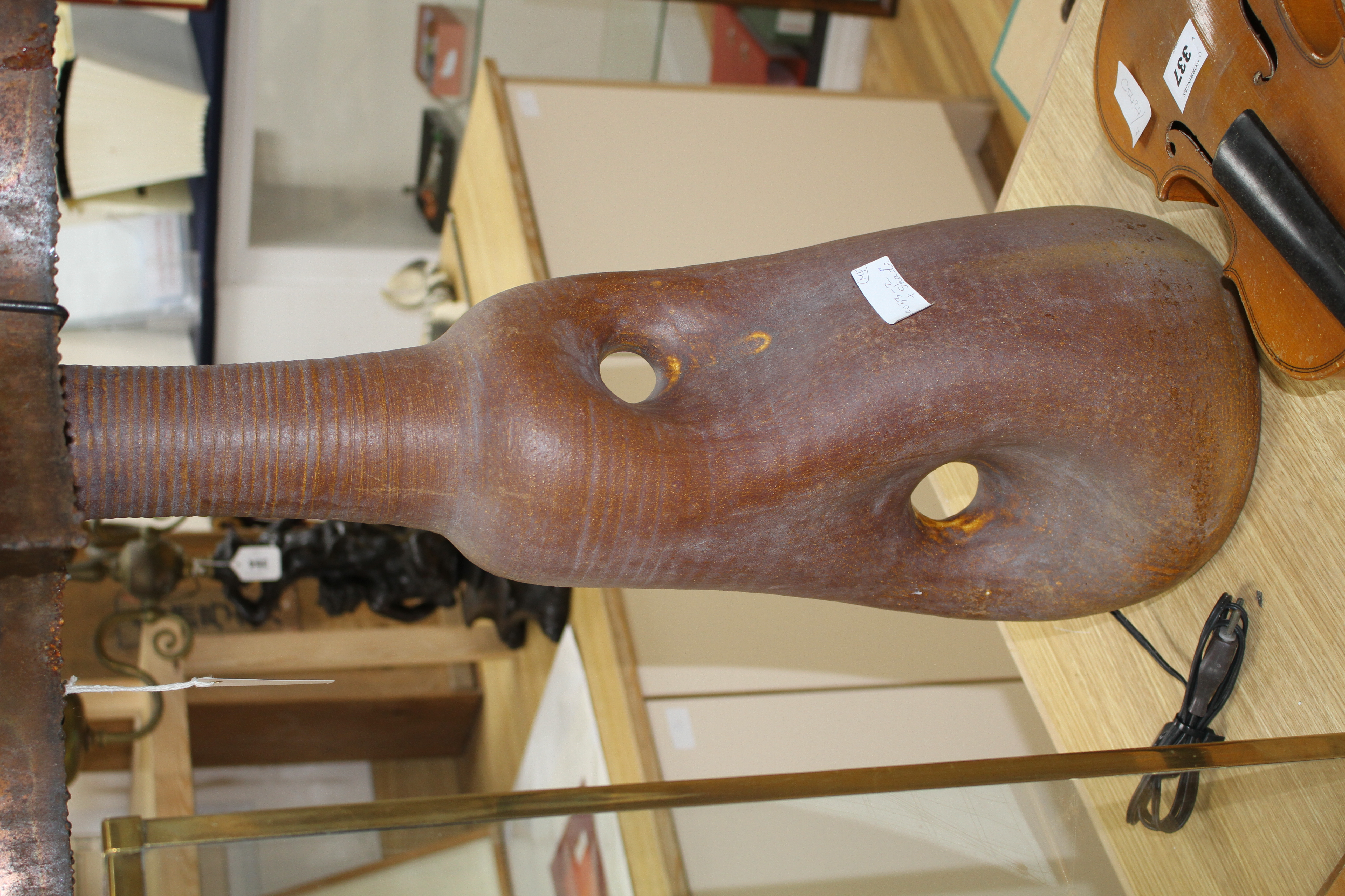 A French Accolay pottery copper and glass shard table lamp, c.1970,